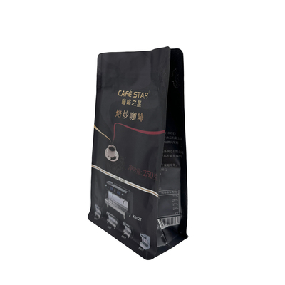 kaufen Luxuriöse schwarze Aluminiumfolie, ausgekleidet mit 250g, 8 Seiten, versiegelt, flache Schachtel, Boden, Kaffeebeutel mit Ventil und Reißverschluss online manufacture