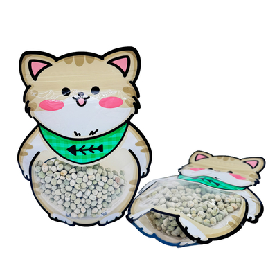 kaufen Custom Fat Cute Cat Shape Cut Printed Stand Up Bags mit Reißverschluss oben und klarem Fenster für Snacks Lebensmittelverpackung online manufacture