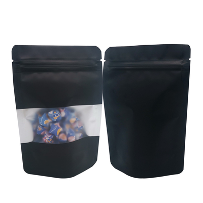 kaufen Mysteriöse schwarze, matte, geruchsfeste, aufrecht stehende, mit Ziplock versehene Mylar-Taschen mit Fenster für Süßigkeiten, Snacks, Lagerverpackungen online manufacture