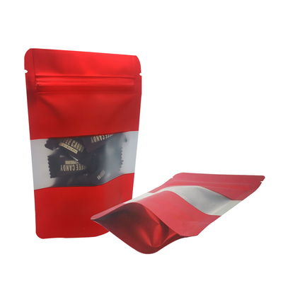 Passionate Rot Matte Metallfolie Rücken Stehen Sie auf Wiederverwendbare Snacktaschen mit Reißverschluss und Fenster für Party-Geschäft