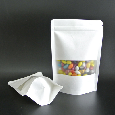Custom gedruckte weiße Kraftpapiertüten mit matte klarem Fenster mit Reißverschluss für Süßigkeiten, Snacks, Lebensmittelverpackungen